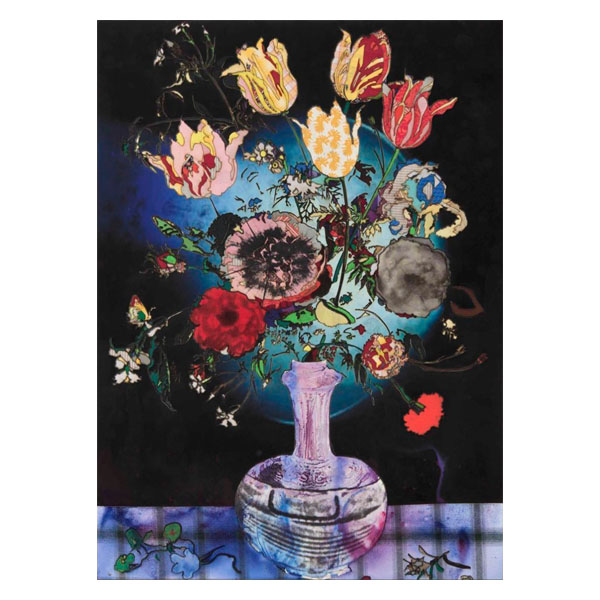 Flowers in a Blue Painted Vase