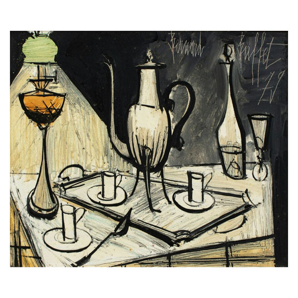 Nature morte au service a café et a la lampe a petrole