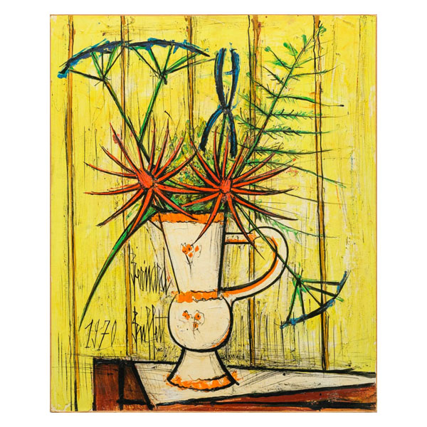 Bouquet rouge et bleu fond jaune, vase blanc et orange