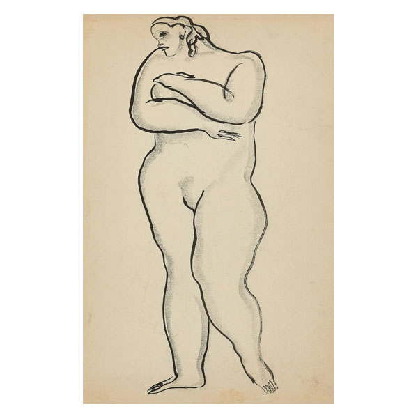 Femme nue debout bras croises